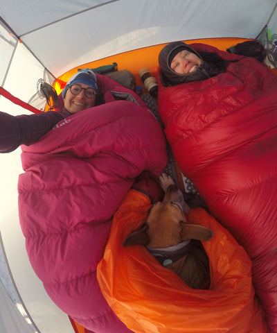 in-tent selfie with two humans and dog in middle.