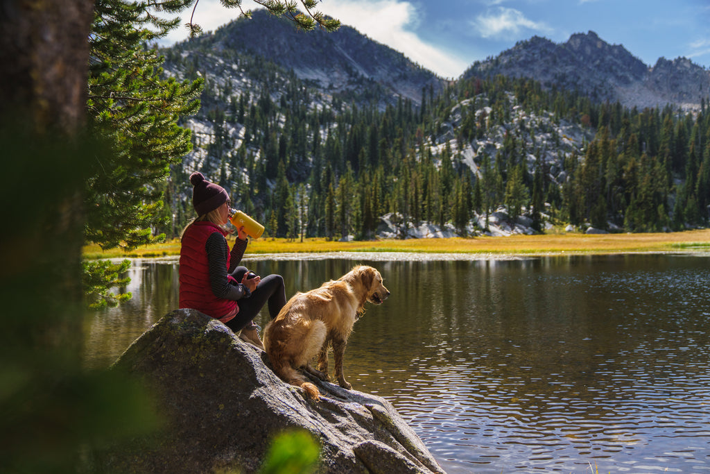 Dani Wyeth and dog sit on rock looking out at lake next to mountains in MOntana.