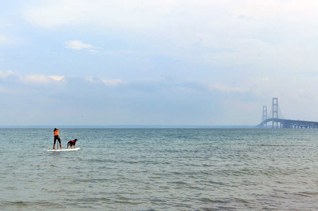 Paddling out to the Mackinac Bridge with Kona. 