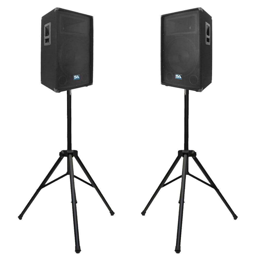Pair of 12" PA Speakers with two Tripod Speaker Stands – Seismic Audio