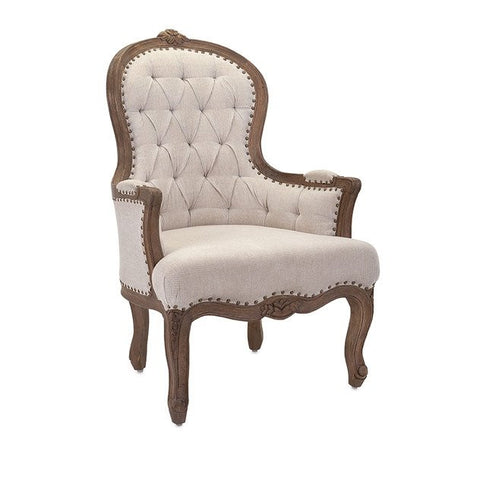 Carved Natural Wood and Linen Accent Chair