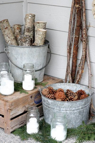 Winter modern rustic farmhouse decor birch wood in bins