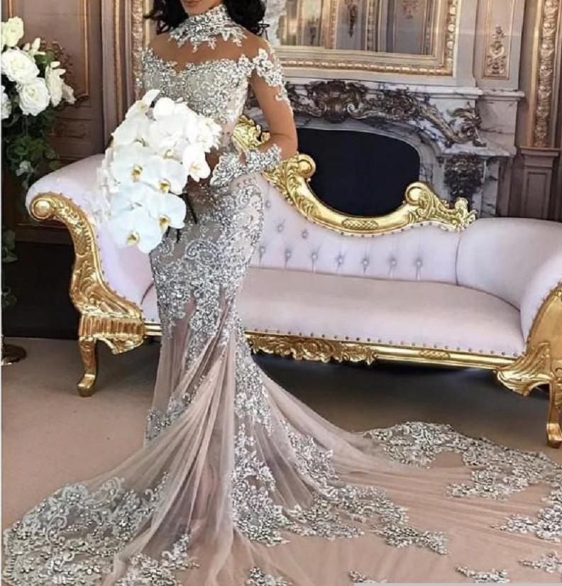 Sexy Sheer Bling Lace High Neck Illusion Long Sleeve Mermaid Bridal Go Bling Brides Bouquet 4275