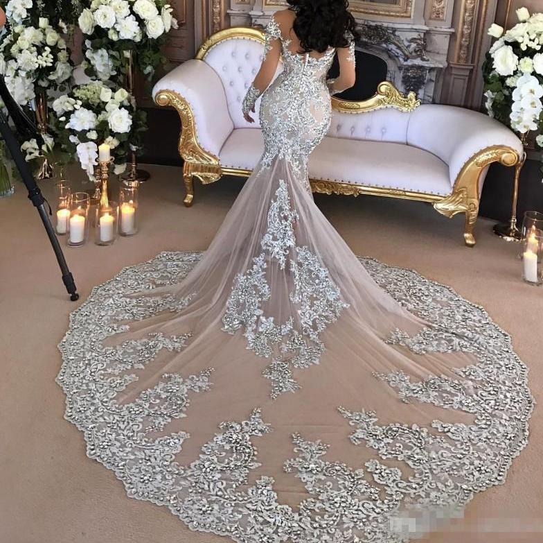 Sexy Sheer Bling Lace High Neck Illusion Long Sleeve Mermaid Bridal Go Bling Brides Bouquet 