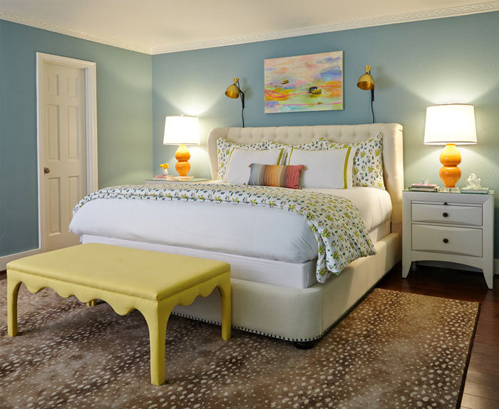 colorful chartreuse and blue bedroom -interior design by Maddie Hughes