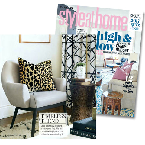 Style at Home Magazine January 2017 page 64 featuring Arianna Belle leopard velvet pillow and space designed by Sarah Walker