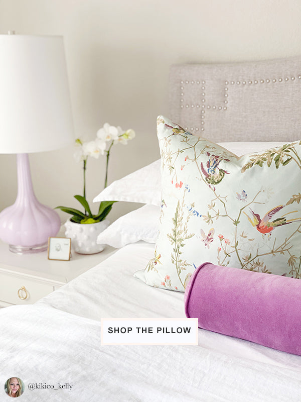 bed with Hummingbirds designer pale aqua pillow from Arianna Belle | home of Kelly Christine