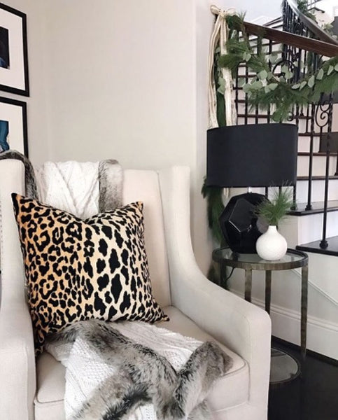 Cozy reading nook with comfy chair, warm throw and luxe pillow | home of Megan Ardoin, Leopard Velvet pillow from Arianna Belle