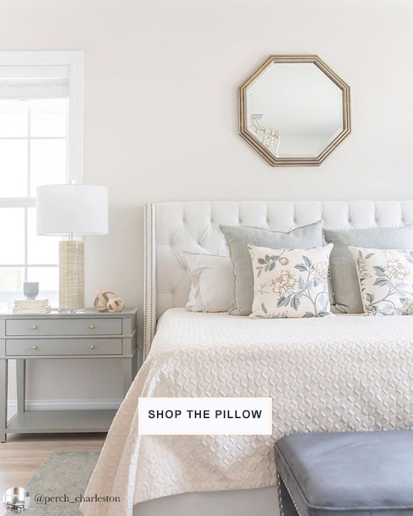 peaceful bedroom in calm soft colors | designer pillows from Arianna Belle | interior design by Perch Interiors 