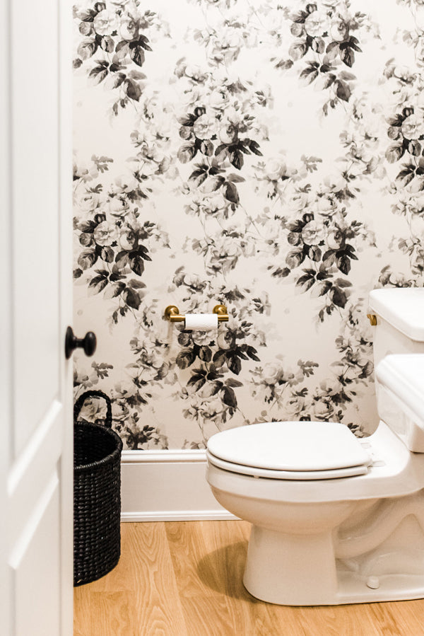 Designer Spotlight Kate + Amanda | Arianna Belle Blog | floral wallpapered powder bathroom - grey, cream and black