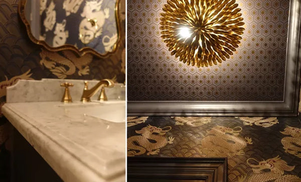 luxury bath details with high end wallpaper and gold accents | Designer Spotlight: Meredith Heron | Arianna Belle Blog