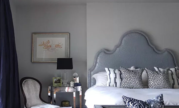 luxury bedroom in soft greyish blues and glamorous accents | Designer Spotlight: Meredith Heron | Arianna Belle Blog