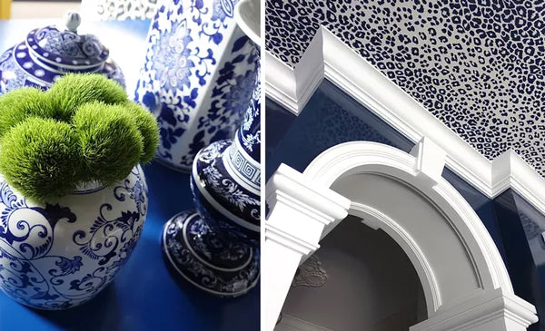 blue and white ginger jars | wallpapered blue leopard ceiling and interior architectural details | Designer Spotlight: Meredith Heron | Arianna Belle Blog