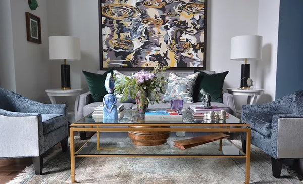 luxury living room with designer pillows and abstract art | Designer Spotlight: Meredith Heron | Arianna Belle Blog