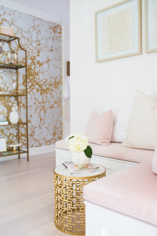interior designer Shannon Claire Smith | bench with pink pillows | Designer Spotlight series Arianna Belle Blog