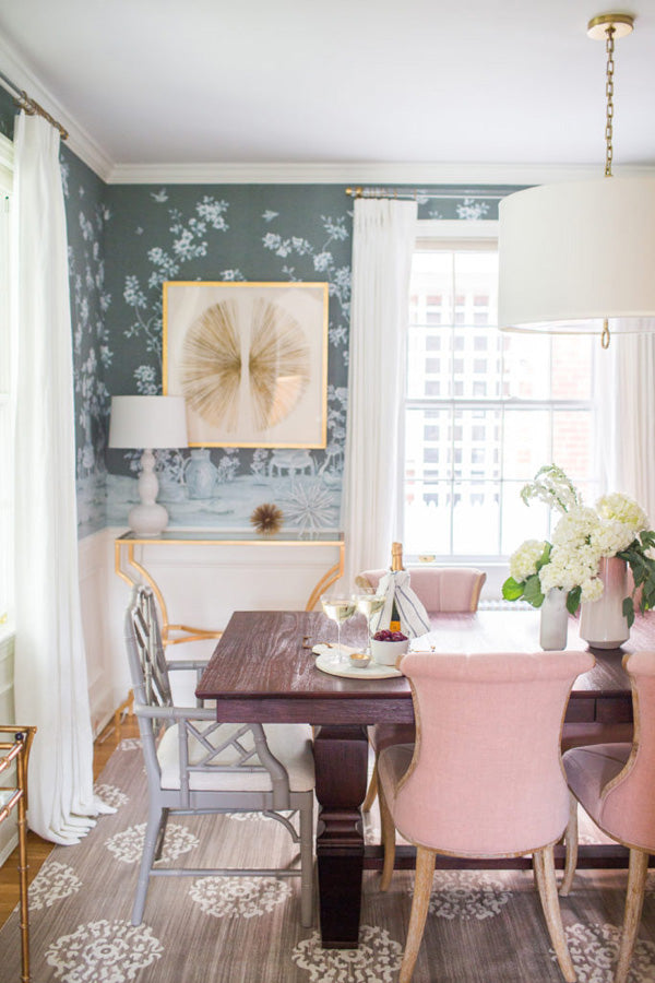 interior designer Shannon Claire Smith | dining room with pink chairs and chinoiserie wallpaper