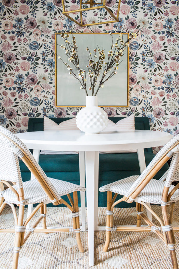 interior designer Shannon Claire Smith | dining space with french bistro chairs floral wallpaper settee with pillows | Designer Spotlight series Arianna Belle Blog