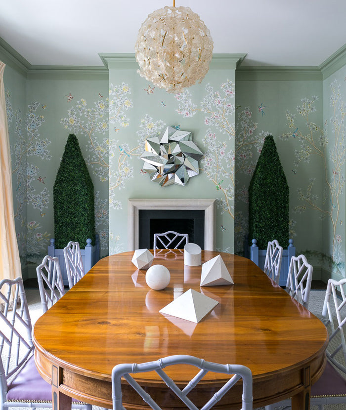 chinoiserie wallpaper and chippendale chairs in dining room | interior design by Grant K. Gibson