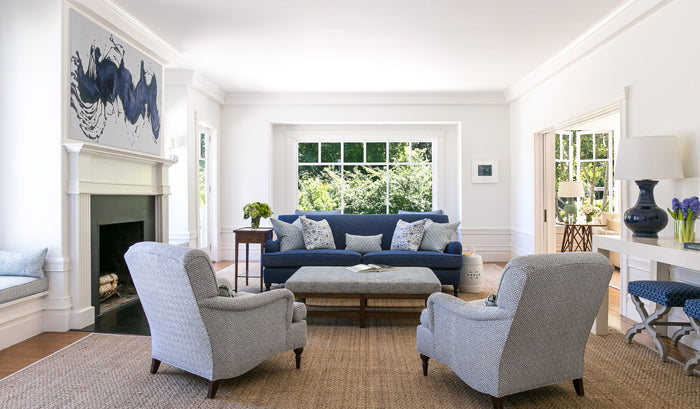 blue and white luxury living room | interior design by Grant K. Gibson
