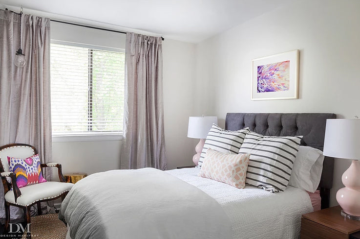 Before & After - Bedroom designed by Naomi Stein with long lumbar pillow from Arianna Belle