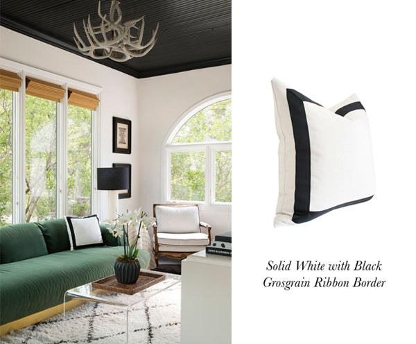 modern black white and green living room designed by Nicole Botsman featuring Solid White with Black Grosgrain Ribbon Border designer pillow from Arianna Belle