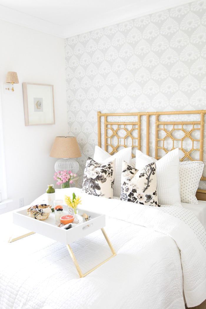 Pyne Hollyhock designer pillows from Arianna  Belle on white bed | bedroom of Monika Hibbs