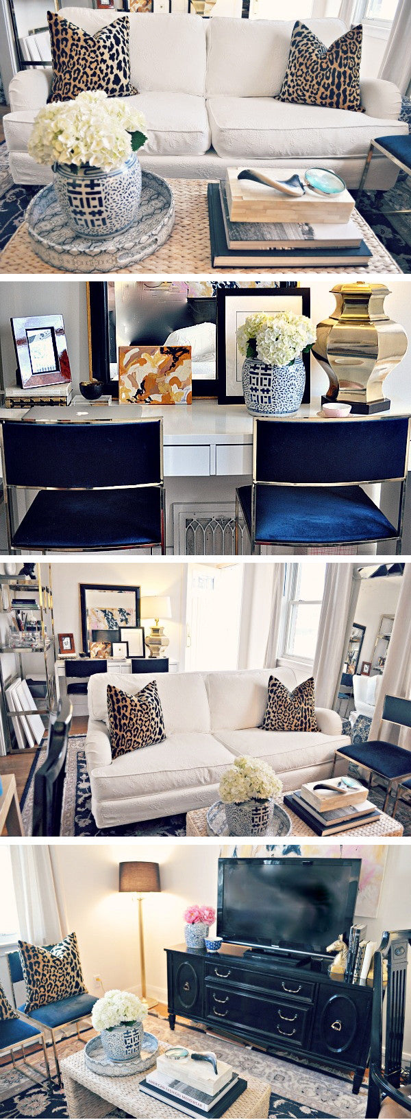 living room with white sofa and Arianna Belle leopard velvet pillows - interior design by Raiana Schwenker
