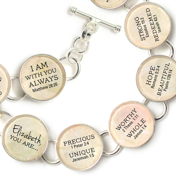 YOU ARE... Beautiful, Strong, Redeemed – Personalized Scripture Charm Bracelet