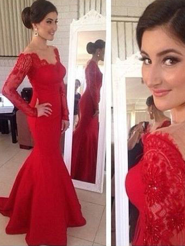 red lace off the shoulder prom dress