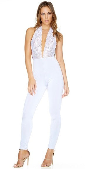 white jumpsuit with lace top