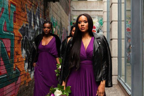 Henkaa Fall/Winter 2019 Lookbook featured our Plum Purple Convertible Dresses as seen on two black models in leather jackets.