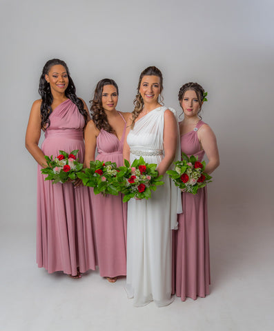 Bride and her 3 bridesmaids wearing the Henkaa Dusty Rose Wedding Dress