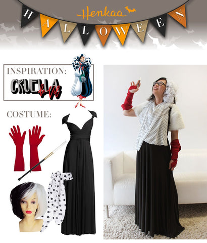 Henkaa Convertible Dress used for a Cruella Deville from Disney's 101 Dalmations Halloween Costume, great cosplay costume that you can wear again.