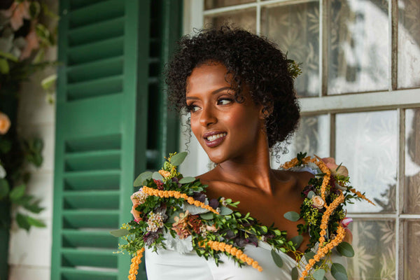 Henkaa Iris Chiffon Maxi Infinity wedding dress worn with living jewellery shawl.