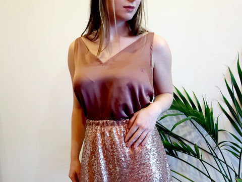 Henkaa Rose Gold sequin skirt matched with a silk camisole