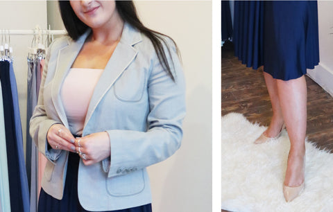 Business women in light blue blazer and Henkaa Neutral Champagne Convertible Bandeau and neutral heels for spring workwear.