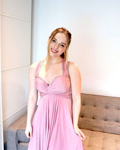 Dusty Rose Henkaa Sakura Midi Convertible Dress worn in the Kate With Straps Style perfect for a night out! 
