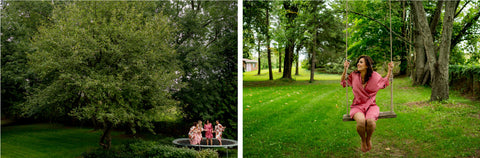 Henkaa A Bride's Story: Diana & Jas. Bridesmaids in pink silk robes on trampoline and bride on swing in pink silk robe.