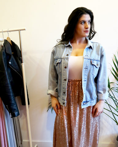Henkaa Rose Gold sequin skirt matched with a bodysuit and jacket 