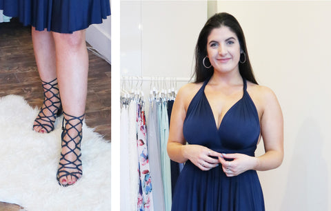 Image collage of woman with black hair getting ready for a spring date night in a Henkaa Sakura Midi navy blue convertible dress and navy blue gladiator style heels  