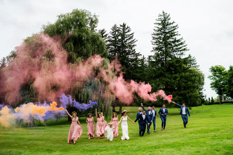 Henkaa A Bride's Story: Diana & Jas. Bridal party in Dusty Rose Sakura Maxi convertible dresses. Wedding party running through smoke bomb in valley.