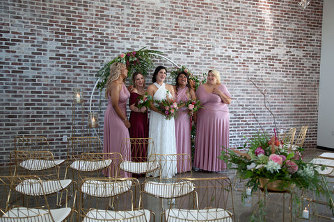 2020 Wedding Trend Report: Henkaa Dusty Rose and Burgundy Wine Sakura Convertible Bridesmaid Dresses and Sakura Lace Convertible Wedding Dress perfect for 2020 weddings.