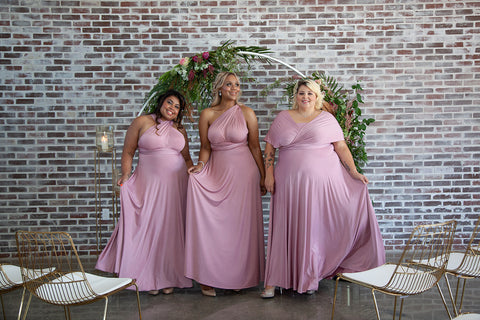 2020 Wedding Trend Report: Henkaa Dusty Rose Sakura Maxi Convertible Dresses on 3 models, bridesmaid dresses you can wear again, a sustainable option.