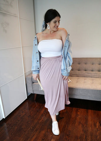 Henkaa Mauve Taupe Ivy Midi Convertibel Dress wrapped as a skirt worn with a jean jacket and tube-top.