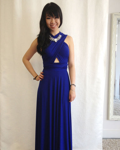 Henkaa Sakura Infinity Dress in Royal Blue prom dress style, worn in a Riri cut out style.