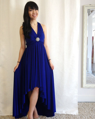 Henkaa Royal Blue Sakura Maxi infinity dress wrapped in Kate style with high-low hem - one of Henkaa's prom dress styles.