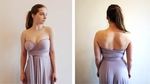 Henkaa Dusty Purple Sakura Maxi styled in the sweetheart strapless style called 'Love'.