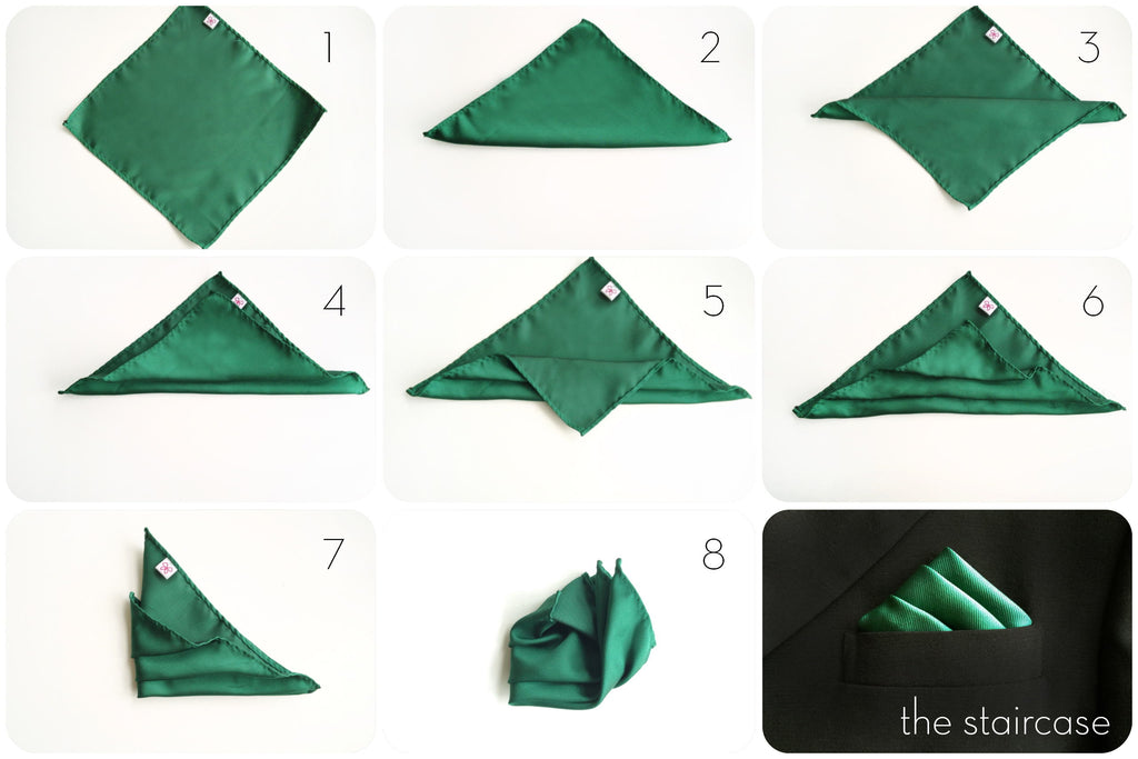how to fold a staircase pocket square - staircase pocket square - emerald green pocket square