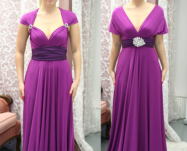 How to wear a sash: on the left, a woman dressed in a magenta purple dress wearing the sash around her waist in a simple style; on the right, the same woman woman wearing the sash with a brooch.