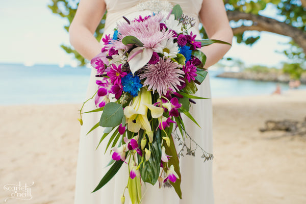 Tropical bouquet held by destination bride in Saint Lucia.